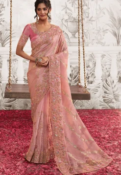 Woven Art Silk Scalloped Saree in Pink