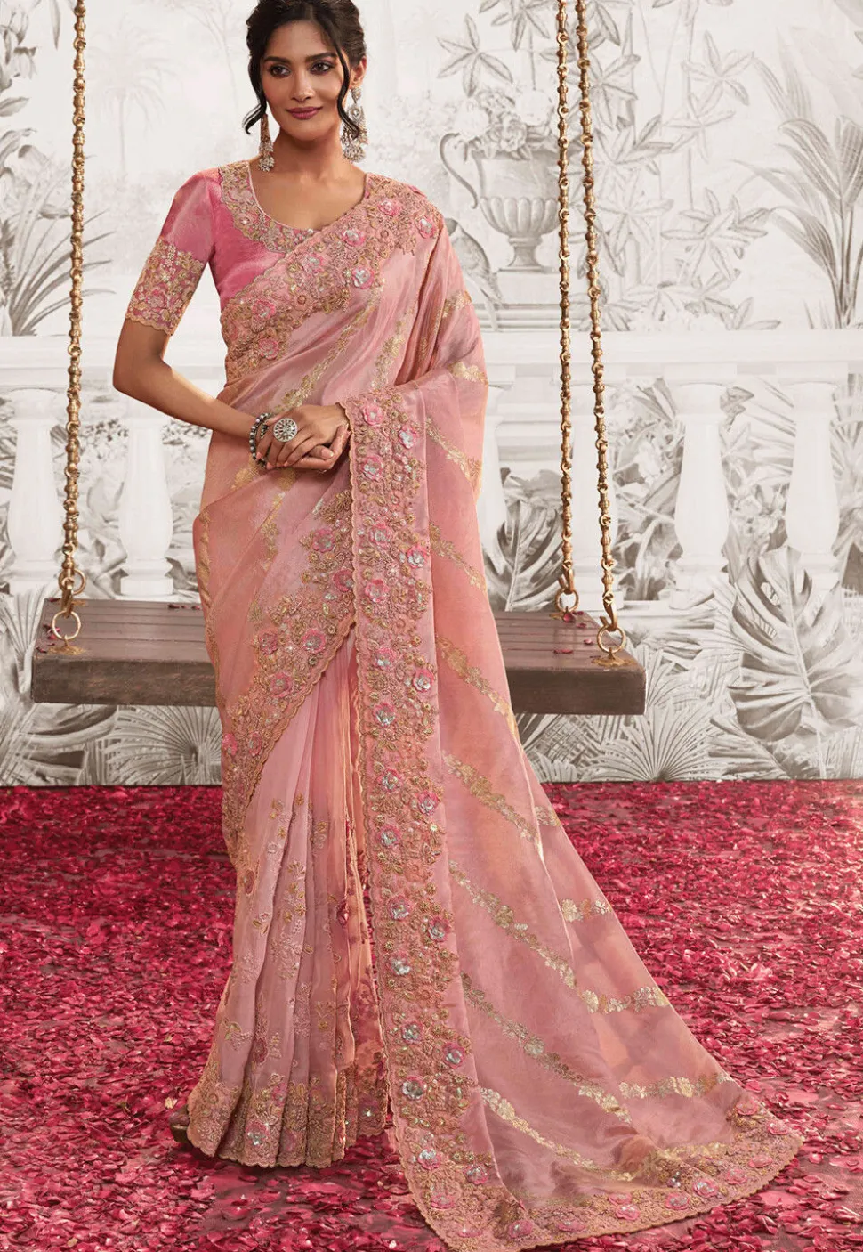 Woven Art Silk Scalloped Saree in Pink