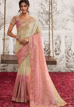Woven Art Silk Scalloped Saree in Light Beige and Pink