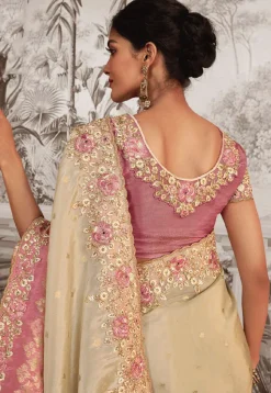 Woven Art Silk Scalloped Saree in Light Beige and Pink