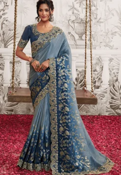 Woven Art Silk Scalloped Saree in Blue Ombre