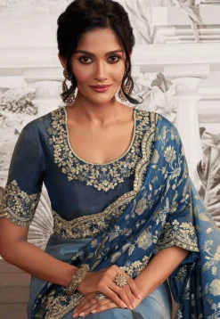 Woven Art Silk Scalloped Saree in Blue Ombre