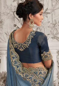 Woven Art Silk Scalloped Saree in Blue Ombre