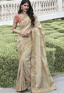 Woven Art Silk Scalloped Saree in Cream