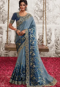 Woven Art Silk Scalloped Saree in Shaded Blue