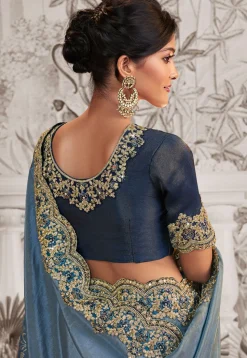 Woven Art Silk Scalloped Saree in Shaded Blue