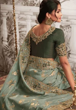 Woven Art Silk Scalloped Saree in Dusty Green