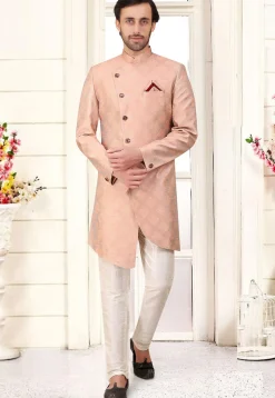 Woven Art Silk Sherwani in Peach