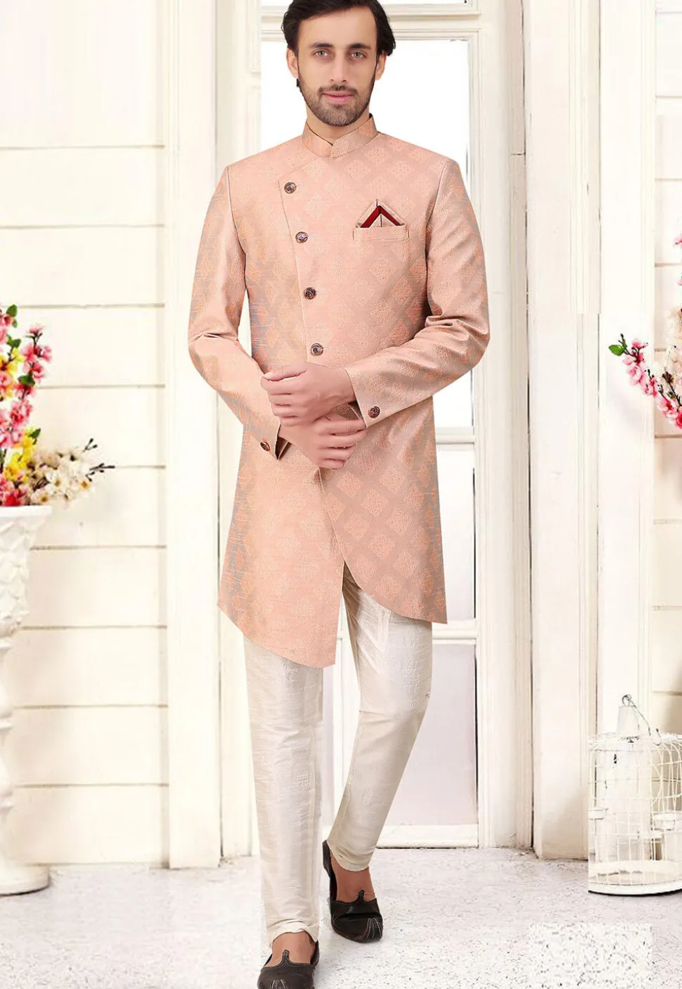 Woven Art Silk Sherwani in Peach