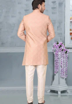 Woven Art Silk Sherwani in Peach