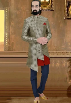 Woven Art Silk Sherwani in Grey
