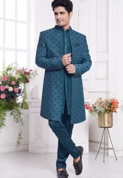 Woven Art Silk Sherwani in Teal Blue