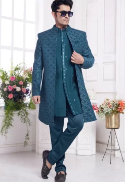 Woven Art Silk Sherwani in Teal Blue
