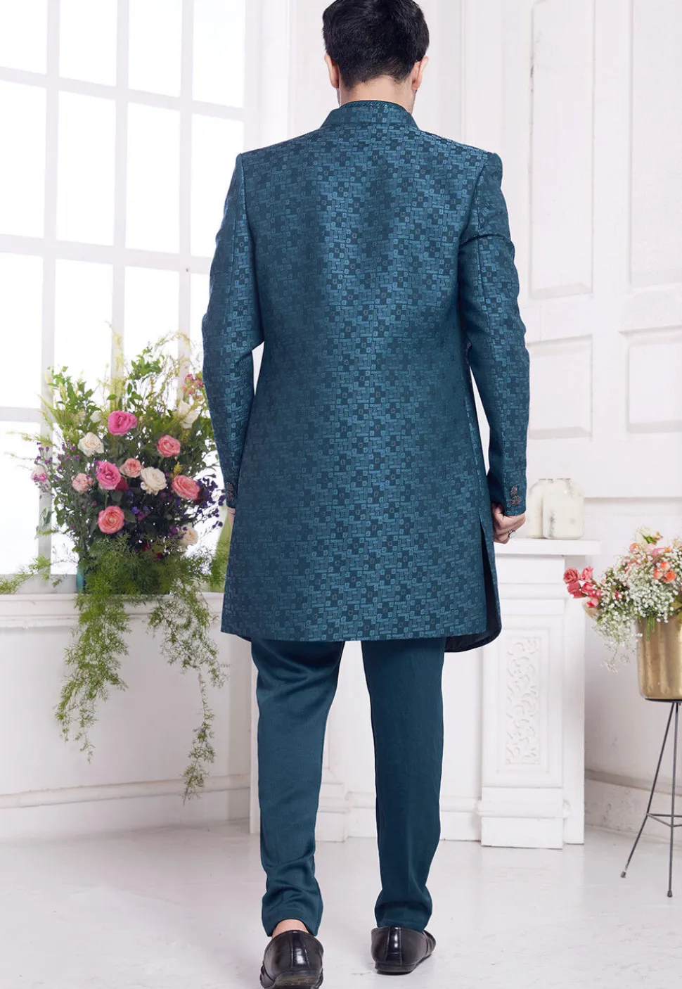 Woven Art Silk Sherwani in Teal Blue