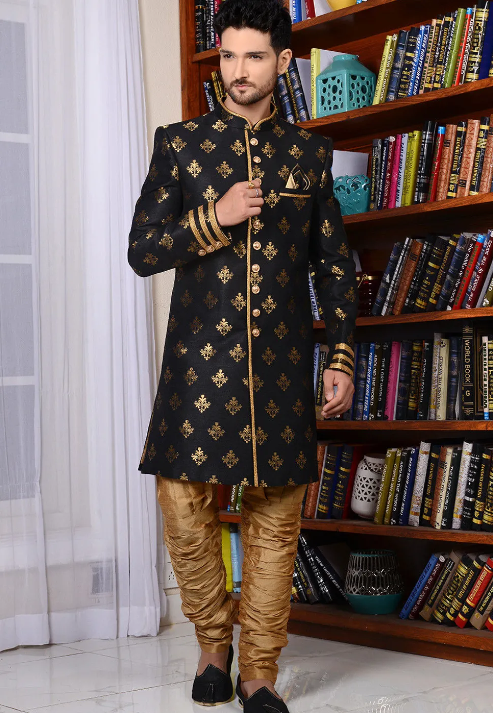 Woven Art Silk Sherwani in Black