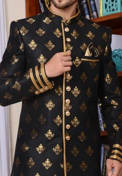 Woven Art Silk Sherwani in Black