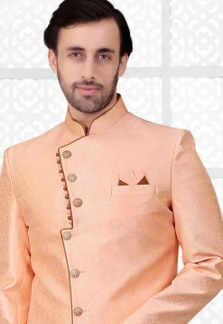 Woven Art Silk Sherwani in Peach