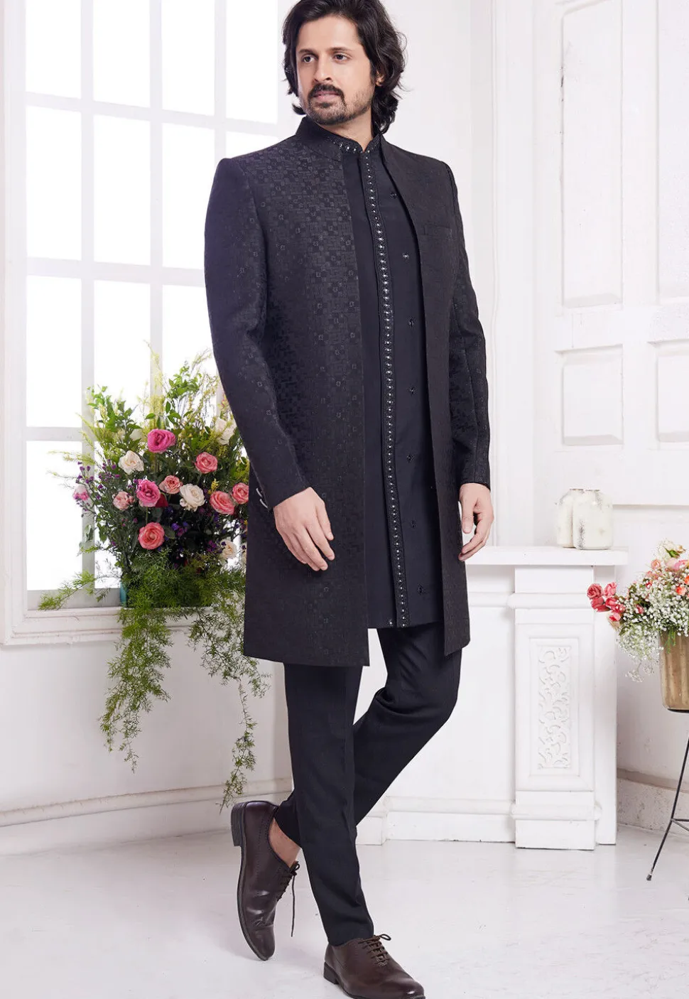 Woven Art Silk Sherwani in Black