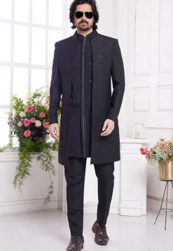 Woven Art Silk Sherwani in Black