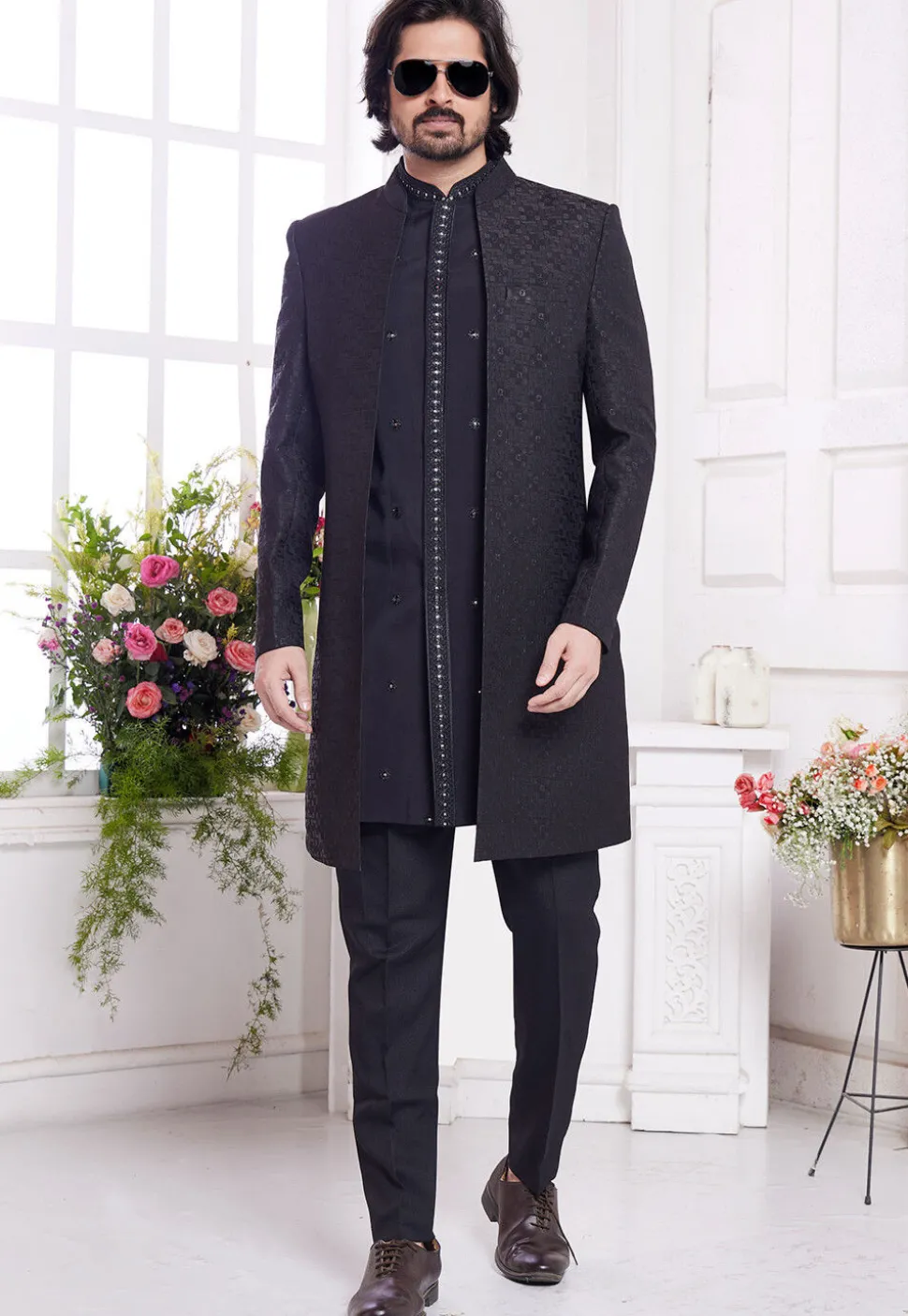 Woven Art Silk Sherwani in Black
