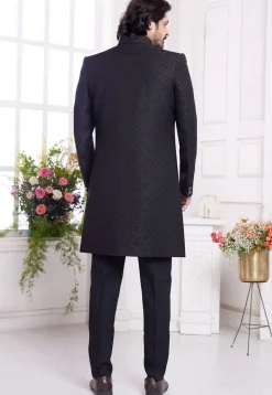 Woven Art Silk Sherwani in Black