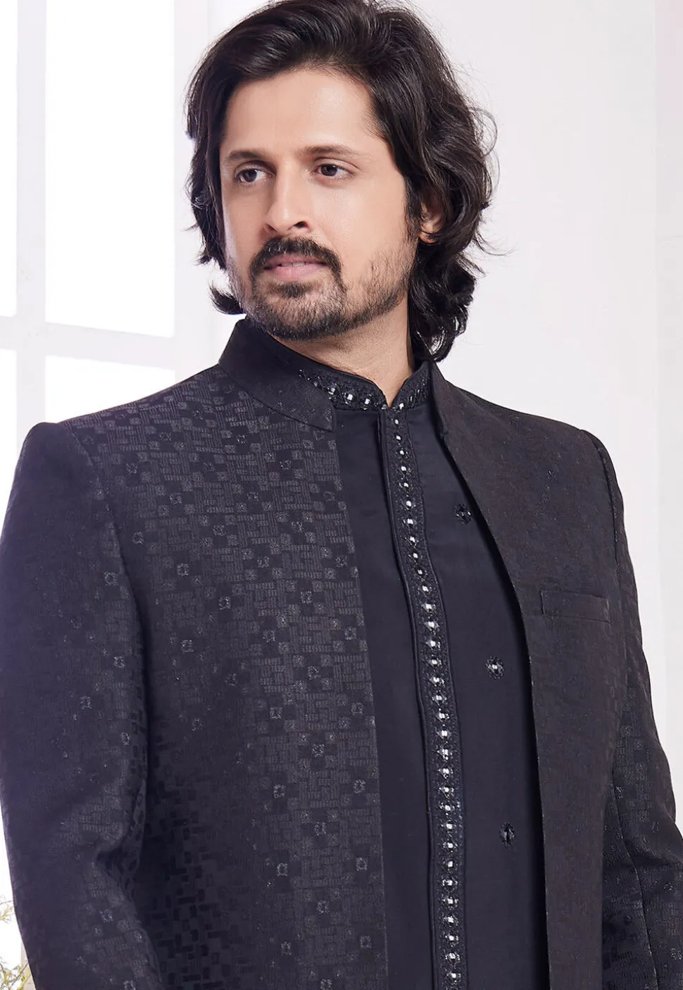 Woven Art Silk Sherwani in Black