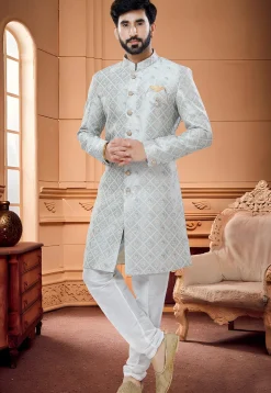 Woven Art Silk Sherwani in Grey