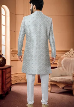 Woven Art Silk Sherwani in Grey