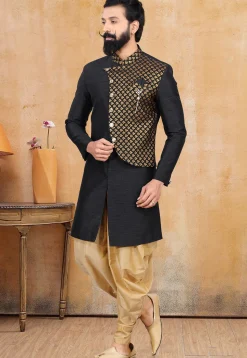 Woven Art Silk Sherwani in Black
