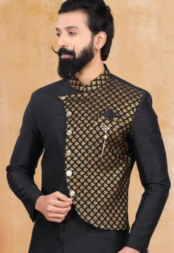 Woven Art Silk Sherwani in Black