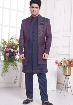 Woven Art Silk Sherwani in Navy Blue
