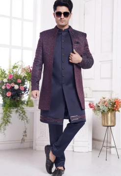 Woven Art Silk Sherwani in Navy Blue