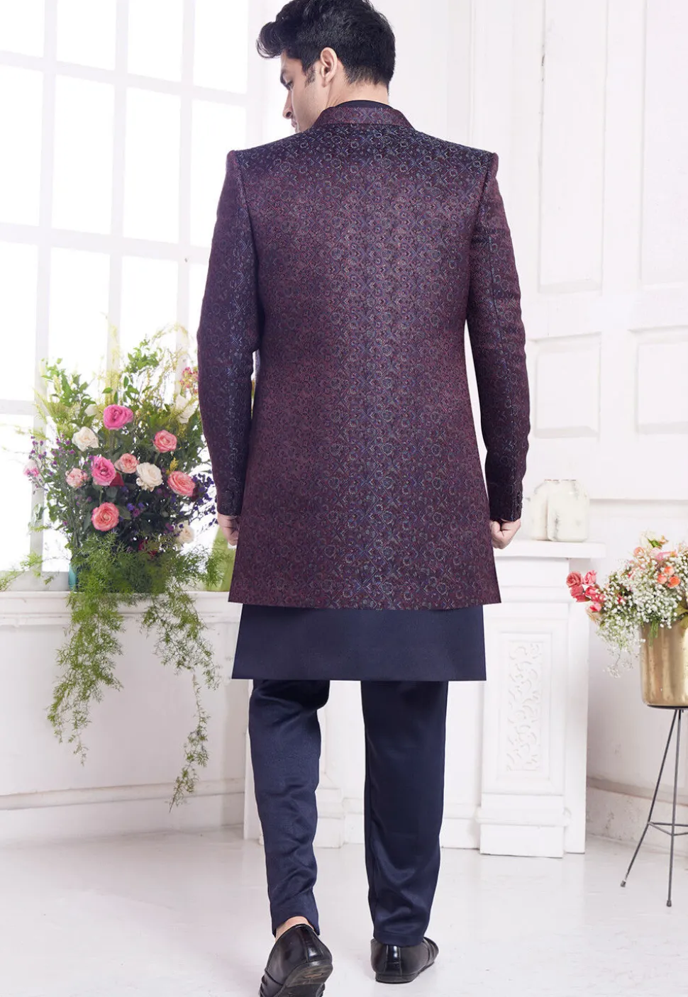Woven Art Silk Sherwani in Navy Blue