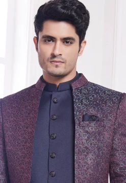 Woven Art Silk Sherwani in Navy Blue