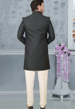 Woven Art Silk Sherwani in Dark Green