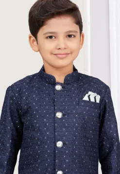 Woven Art Silk Sherwani in Navy Blue