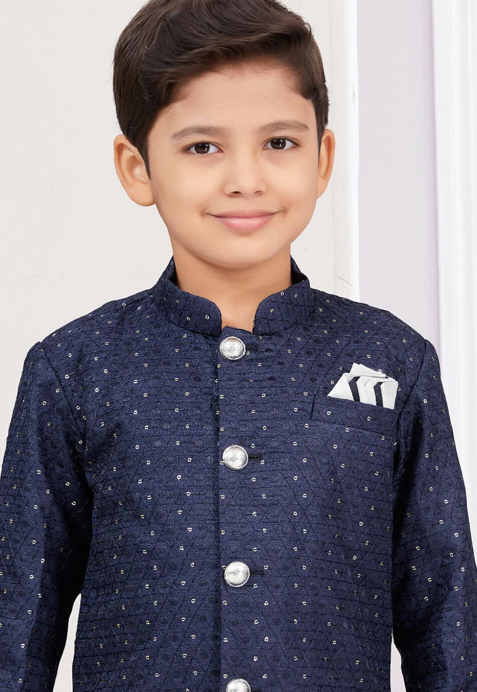 Woven Art Silk Sherwani in Navy Blue