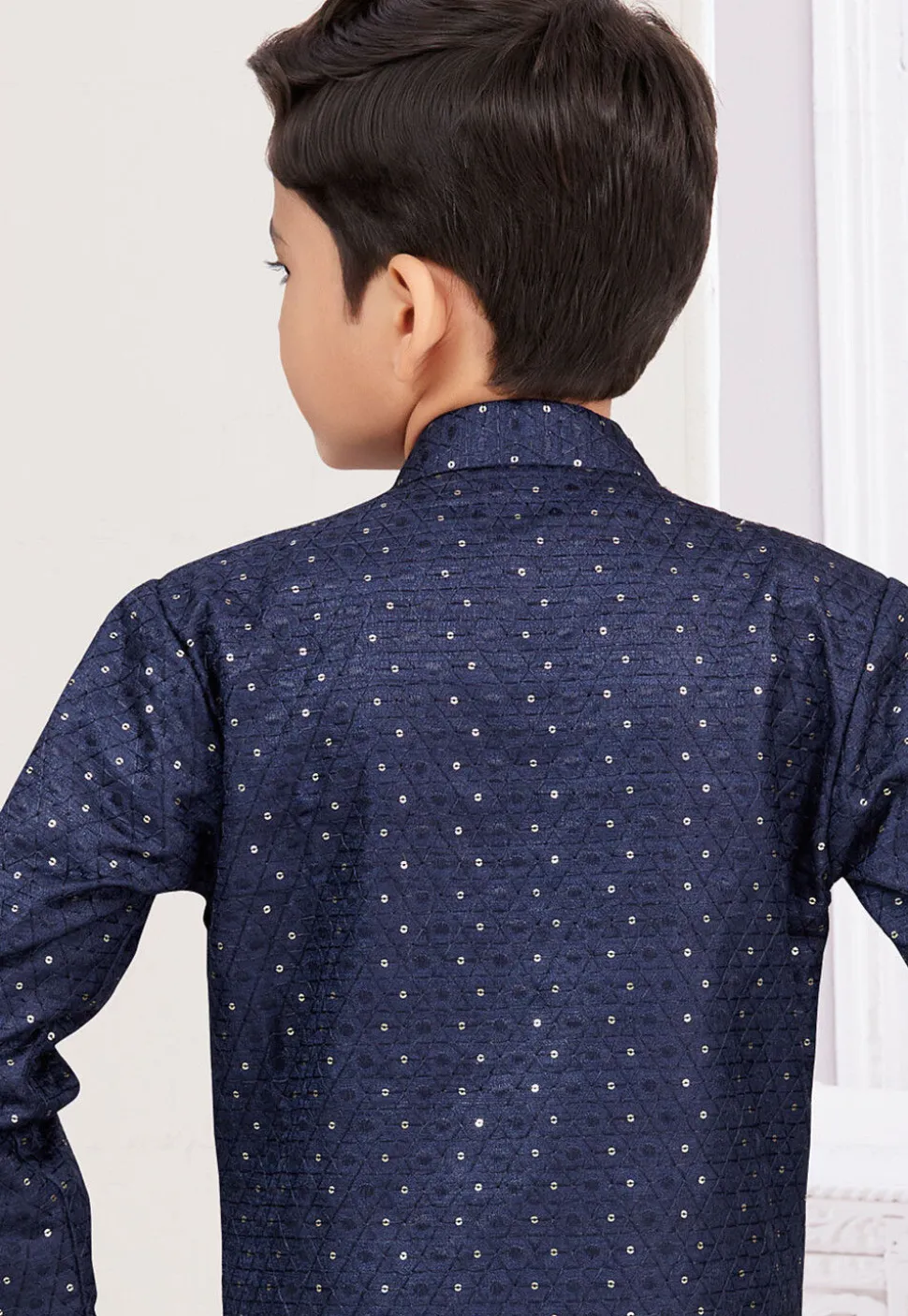 Woven Art Silk Sherwani in Navy Blue