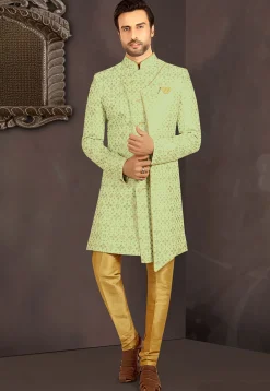 Woven Art Silk Sherwani in Light Green