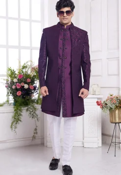 Woven Art Silk Sherwani in Purple