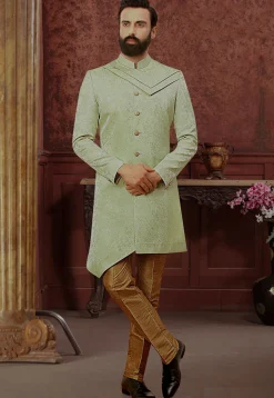 Woven Art Silk Sherwani in Light Green