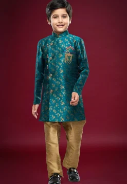 Woven Art Silk Sherwani Set in Teal Blue