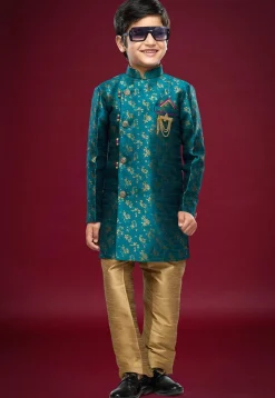 Woven Art Silk Sherwani Set in Teal Blue