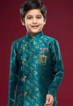 Woven Art Silk Sherwani Set in Teal Blue