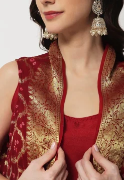Woven Art Silk Straight Kurta Set in Maroon