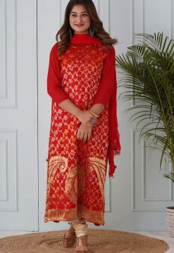 Woven Art Silk Straight Suit in Red
