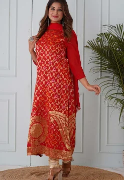 Woven Art Silk Straight Suit in Red
