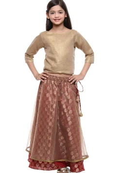 Woven Art Silk Top With Skirt in Beige and Red