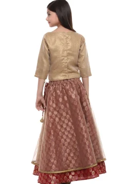 Woven Art Silk Top With Skirt in Beige and Red