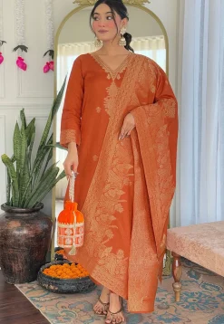 Woven Art Viscose Jacquard Pakistani Suit in Orange